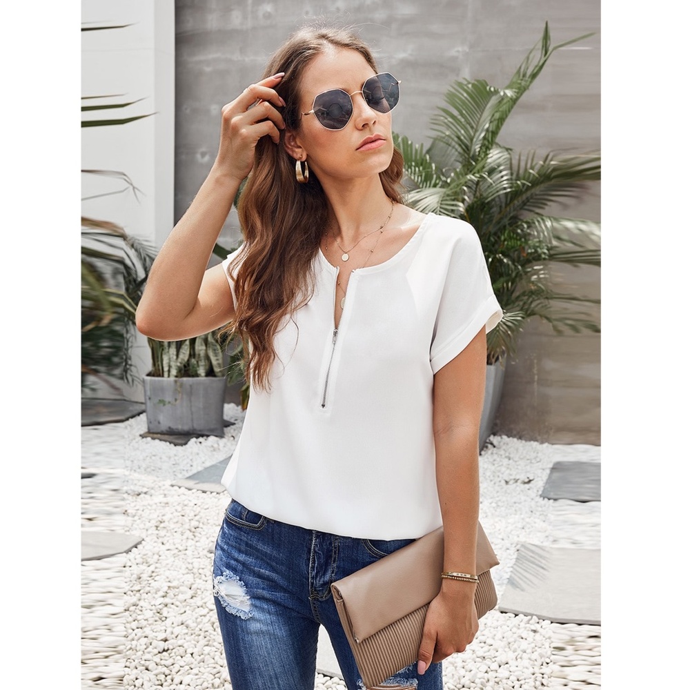 White Casual Zipper Detail Shirt - Picture 4 of 9